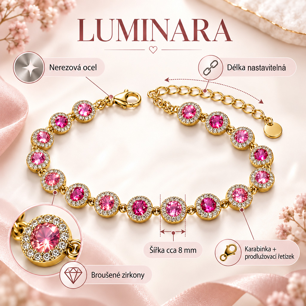 Dámský ocelový náramek Luminara Gold pink infografika